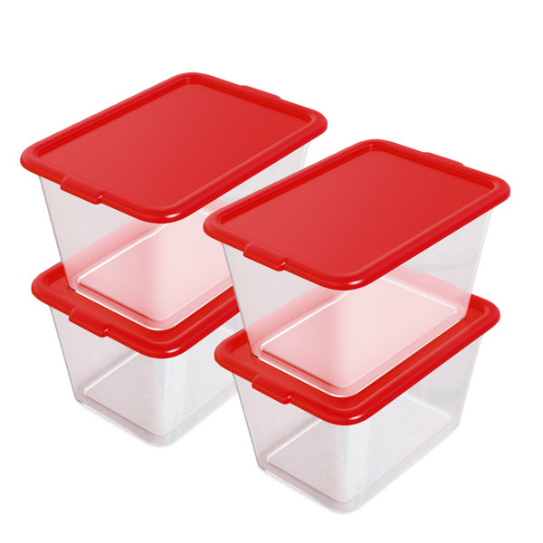 Homz 18 Gallon Holiday Plastic Storage Container, Red, Set of 4