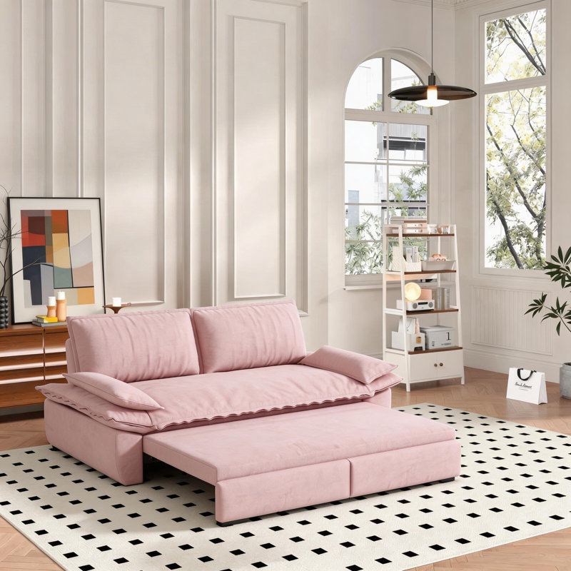 Grand canapé-lit escamotable 3 en 1 de 73,2 po avec 2 coussins moelleux et une causeuse en velours, Rose
