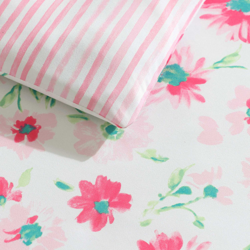 Laura Ashley Kids Meadow Daisies Pink Comforter Bonus Set, Pink Floral 1, Twin Comforter + 1 Standard Sham + Throw Pillow