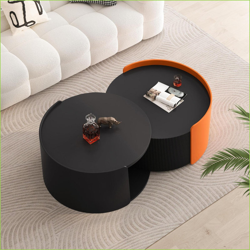 Table basse ronde noire peu encombrante - plateau extensible, rangement, sans assemblage, panneau de fibres à densité moyenne facile à nettoyer