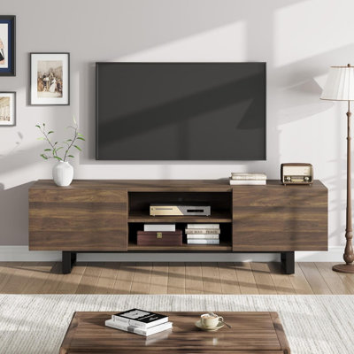 Meuble télé 60 po avec 2 tiroirs, centre de divertissement moderne, meuble multimédia en bois avec pieds robustes et rangement ouvert pour le salon
