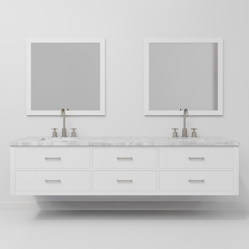 Ensemble de meuble-lavabo double 84 po avec miroir, Blanc, Marbre de Carrare blanc