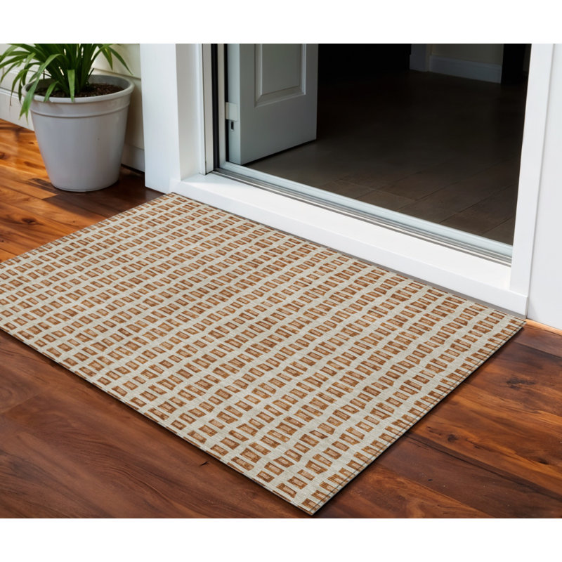 3' X 5' Orange Beige And Copper Geometric Washable Indoor Outdoor Area Rug