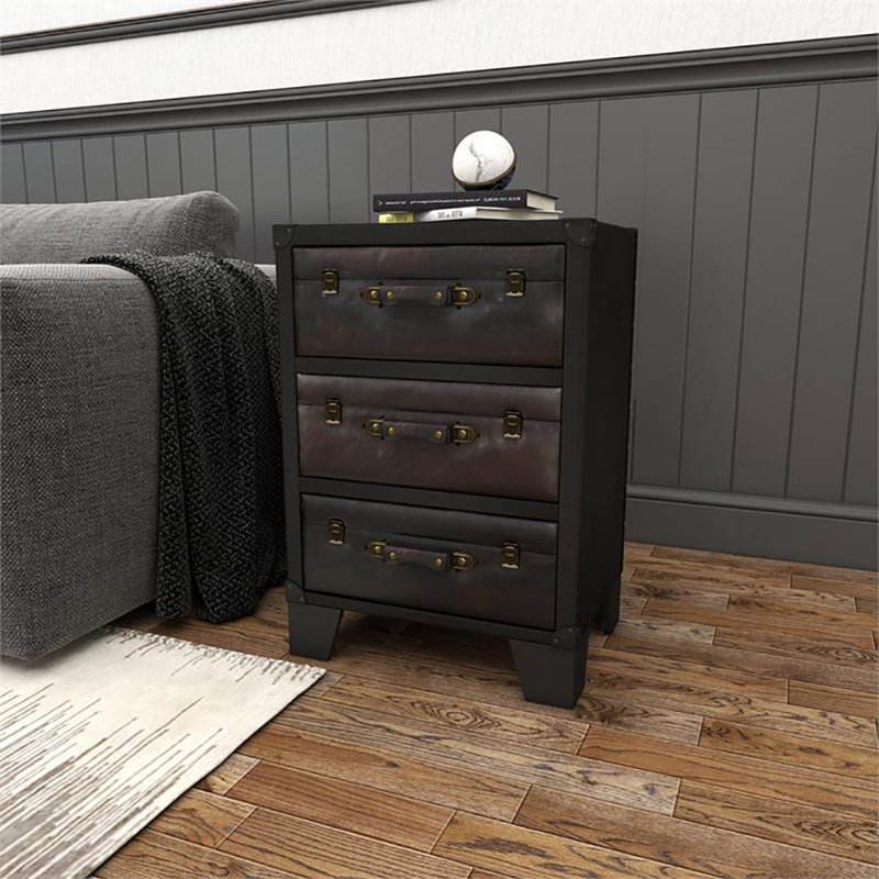 Juanito 3 Drawer Vintage Faux Leather Cabinet with Buckles
