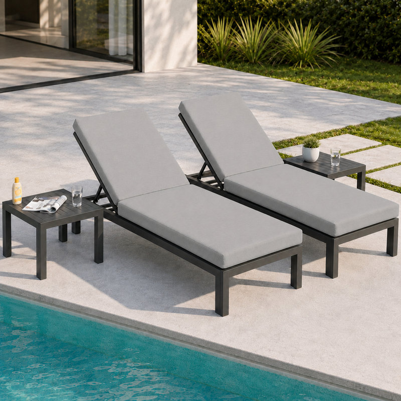 4-Piece Outdoor Aluminum Chaise Lounge Set with Adjustable Backrests, Side Tables and Cushions, Gray