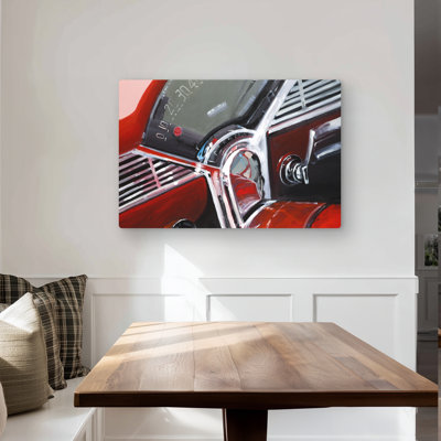 Vintage Red Car Dashboard - Gray Contemporary Metal Print Decor