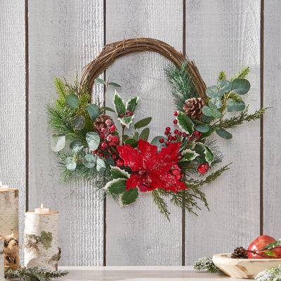Cérémonie festive de 23,5 po avec eucalyptus, poinsettias rouges et pommes de pin - Matériau de décoration de Noël baie, finition eucalyptus réaliste