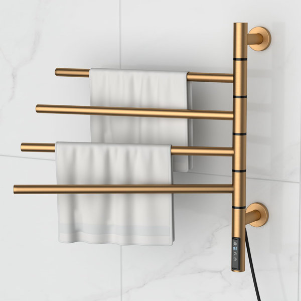 Wall Towel Warmer Gold Heated Towel Rack 180° Rotating 4-Bar
