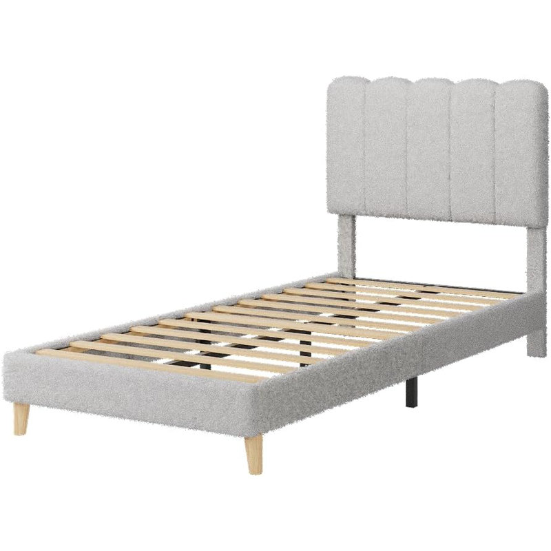 Twin Bed Frame, Upholstered Platform Bed with Wave Headboard for Kids, Easy Assembly, Wooden Slats Support, No Box Spring Needed