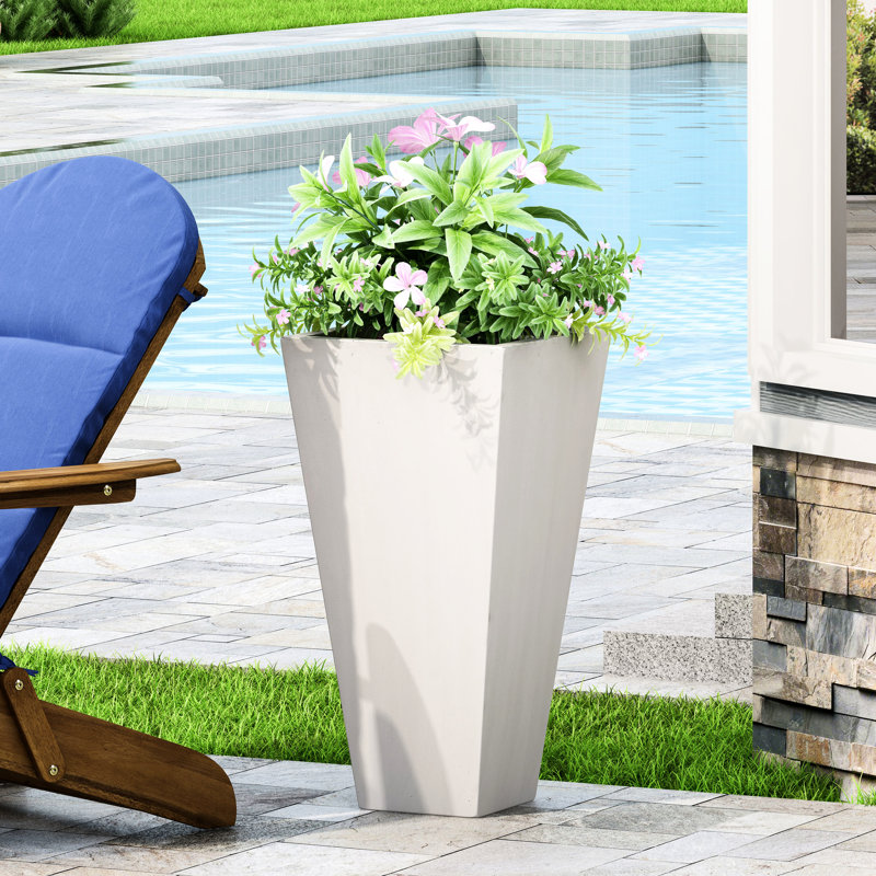 Modern 13" Cast Stone Outdoor Planter, White - Transform Your Patio Matte Planter Add Beauty To Backyard, White