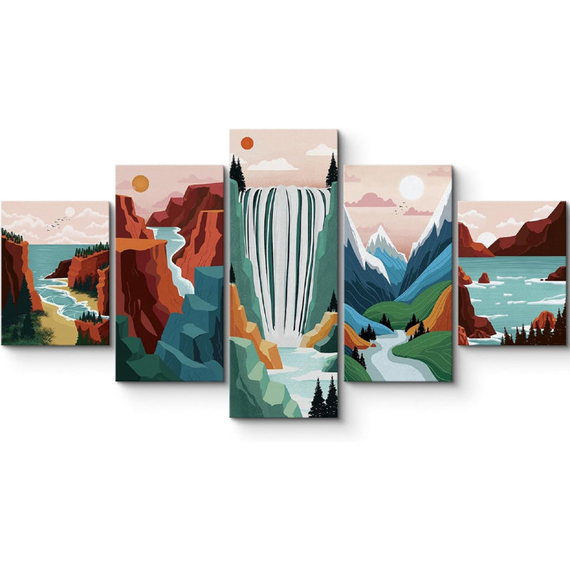 «Vibrant Waterfall Sun Mountain Nature Landscape Colorful Extra Large Canvas», reproduction d'art sur toile 5 pièces