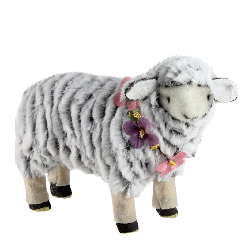 8" White and Pink Artificial Standing Sheep Wearing Flower Necklace