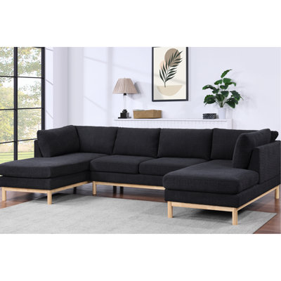 Canapé modulaire en U de 124 po de largeur avec méridienne double avec garniture en bois naturel et revêtement en sherpa pour un confort et un style ultimes