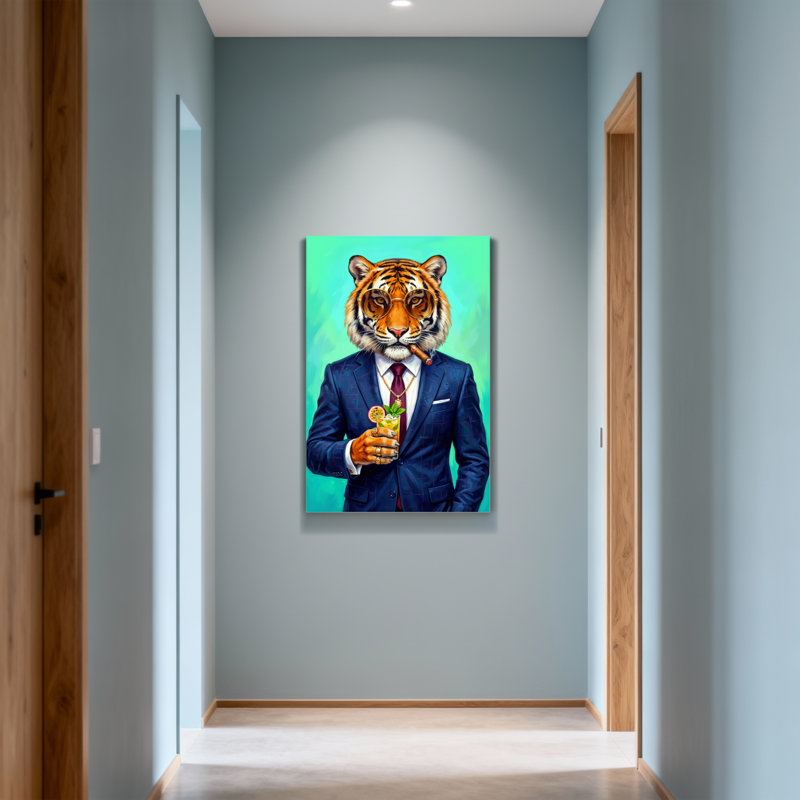 Animaux, tigre en costume avec cocktail et cigare, H 24 po x l 16 po