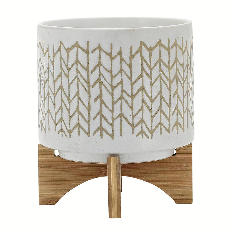 8" CHEVRON PLANTER W/ WOOD STAND, BEIGE