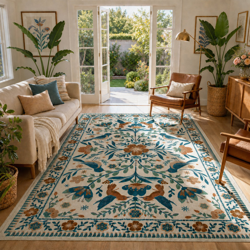 Tapis floral lavable Goldene Boho beige pour le salon, tapis à poils courts avec envers antidérapant pour la salle à manger