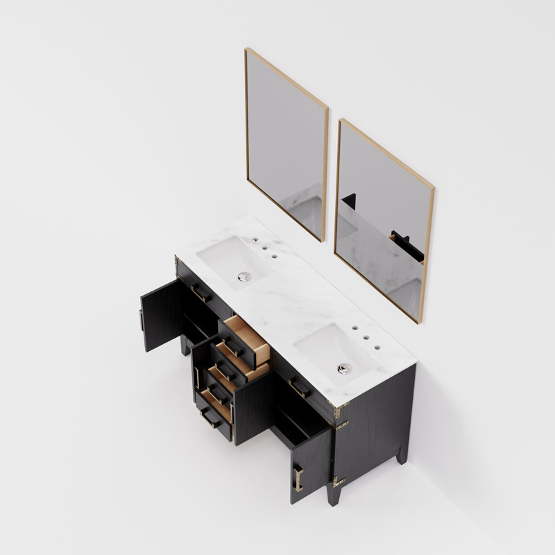 Miroirs de salle de bain double l 60 po x P 22 po Laurel, Chêne noir, Marbre de Carrare blanc