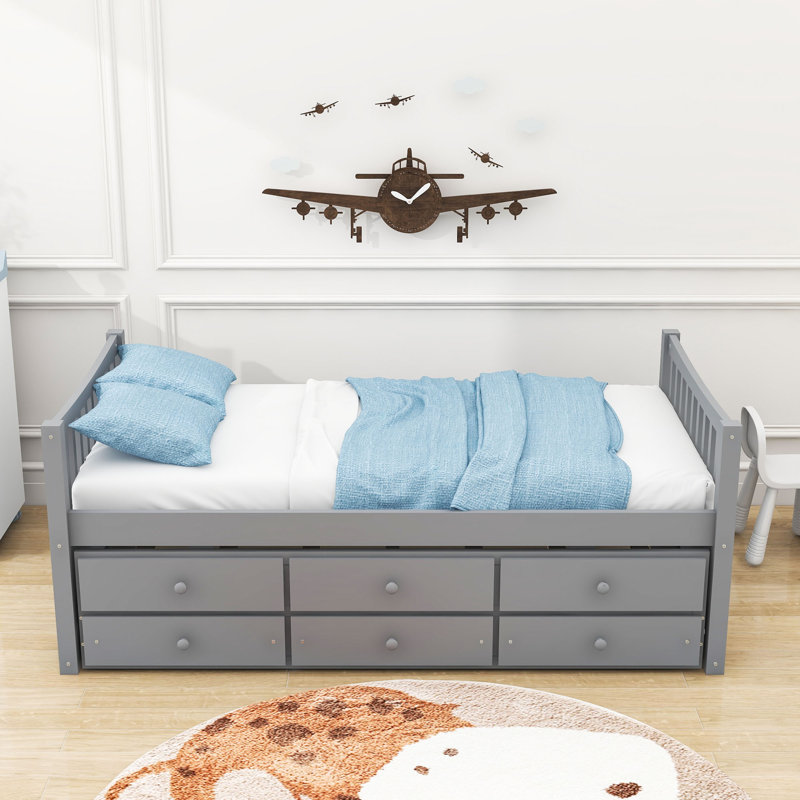  Daybed with Trundle and  Drawers, Gray, Twin