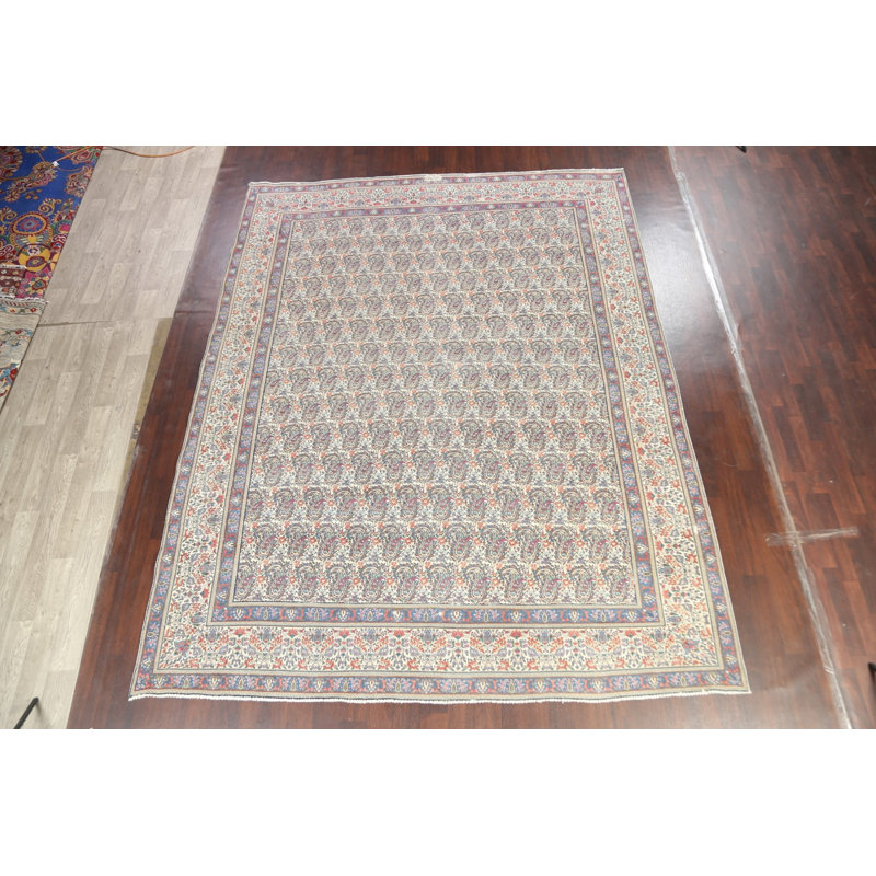 Tapis ivoire en laine noué à la main de conception unique 9 pi 8 po x 12 pi 6 po Oana