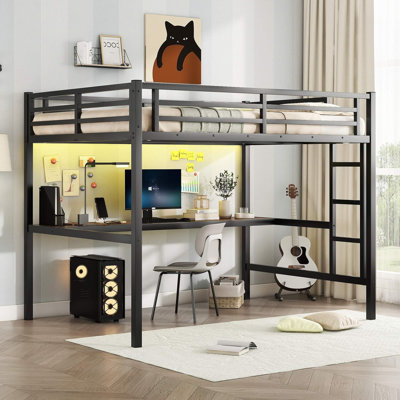 Metal Loft Bed With Desk, USB Charging & LED Lighting – Space-Saving, Noise-Reduced, Black