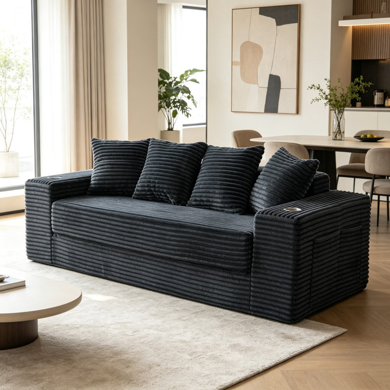 Canapé-lit de sol compressible de 195 cm (77 po) de largeur, canapé Teddy sans cadre en velours côtelé avec porte-gobelets et rangement latéral