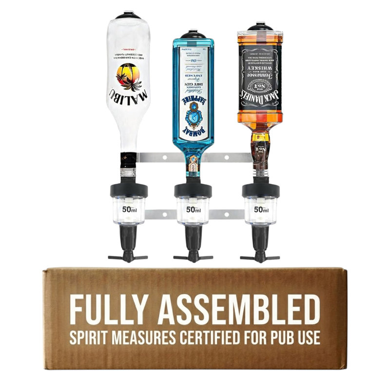  Black 3 Bottle Wall Mounted Bar Rail & 50ml Spirit Optics, UK Made, Fits 70cl–1.5L Bottles