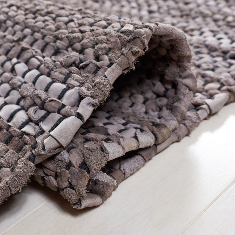 Riehle Hand Woven Leather/Cotton/Jute Rug in White/Gray, Square 7'