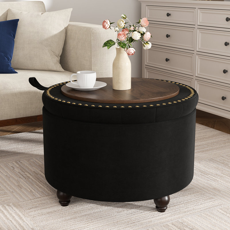 Button-Designed Upholstered Ottoman With Storage, Black