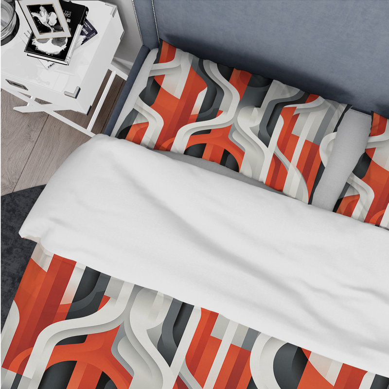 Literie géométrique grise et rouge, Housse de couette pour grand lit et 2 taies décor