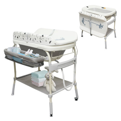 2 In 1 Baby Bathtub With Changing Table, Waterproof Diaper Changing Station，adjustable Height Nursery Organizer With Storage Racks