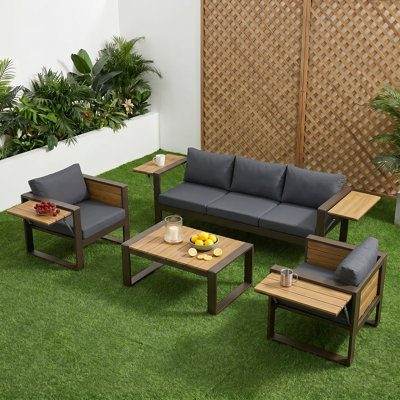 Ensemble de meubles de patio 4 pièces modernes toutes saisons, canapé d'extérieur à 5 places avec cadre en aluminium pour 5 personnes, 2 fauteuils avec tables d'appoint rabattables