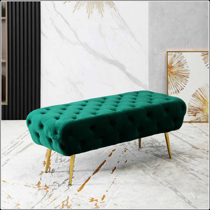 Sira Velvet Button Tufted Bench with Gold Metal Legs, Green