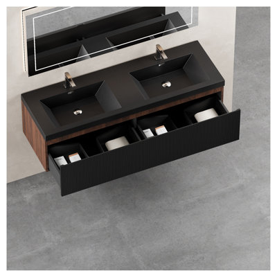Meuble-lavabo flottant mural 60 po avec double lavabo, armoire en bois d'ingénierie en noyer fumé avec tiroirs à fermeture en douceur et façades texturées