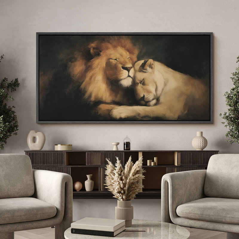 «Romantic Lion Couple», toile encadrée - Art animalier dans des tons chauds de terre, H 30 po x l 60 po, Noir