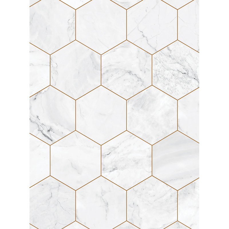 Panneau de papier peint hexagonal en marbre, L 2 pi x H 18 pi, Or cuivré