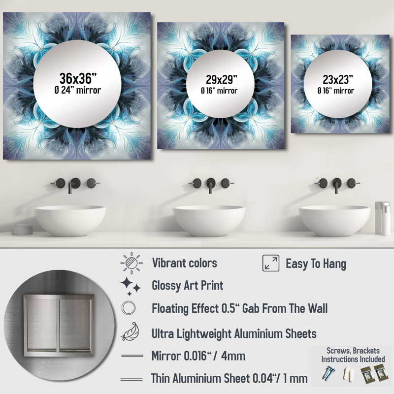 Brijender - Miroir géométrique carré moderne turquoise et blanc Fractal Flowers III, 29 po x 29 po