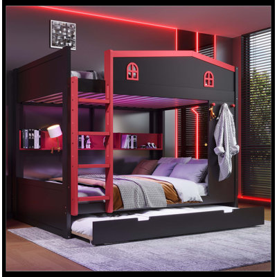 Lit superposé grand sur grand avec lit gigogne et tablettes de rangement, lits superposés en bois massif avec crochets, aucun sommier nécessaire, noir et rouge