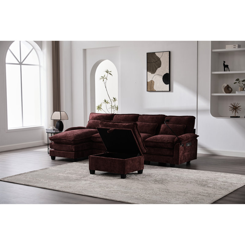 Canapé modulaire en U de 106 po, canapé-lit en chenille à 4 places avec méridienne, chenille douce et respirante, bois massif, + type-c, repose-pieds de rangement amovible pour le salon, canapé en nuage, tissu, bois
