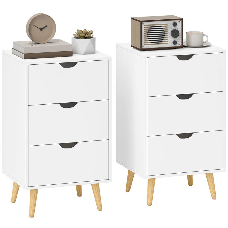 2-Piece White Nightstand Set, Modern Bedside Side Table with 3 Drawers and Solid Pine Legs, Storage End Table for Bedroom, Living Room, Entryway Decor