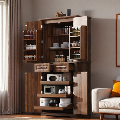 Tall Kitchen Pantry Cabinet With 3 Pull Out Cabinet Organizers, 6 Door Shelves And 2 Drawers