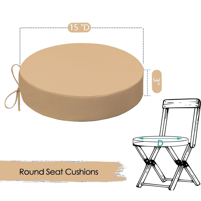 Outdoor Dining Chair Cushions, 15”x15”x 3” Thick Outdoor Round Seat Cushions Set of 4 with Ties, Splash-resistant Round Patio Furniture for Garden,Khaki