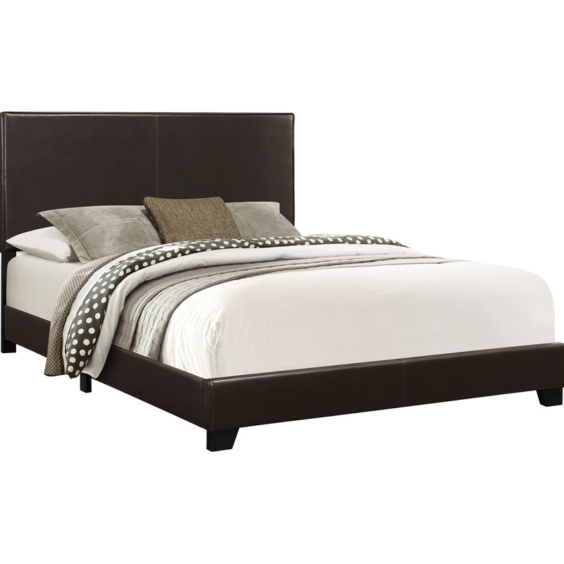 Grand lit tapissier avec tête de lit simpliste en tissu d'ameublement en cuir brun foncé