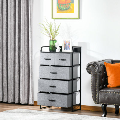 Commode en tissu - 5 unités grises avec plateau en bois pour la commode de chambre à coucher et de couloir, structure en acier, tiroirs pliables, emplacement stable