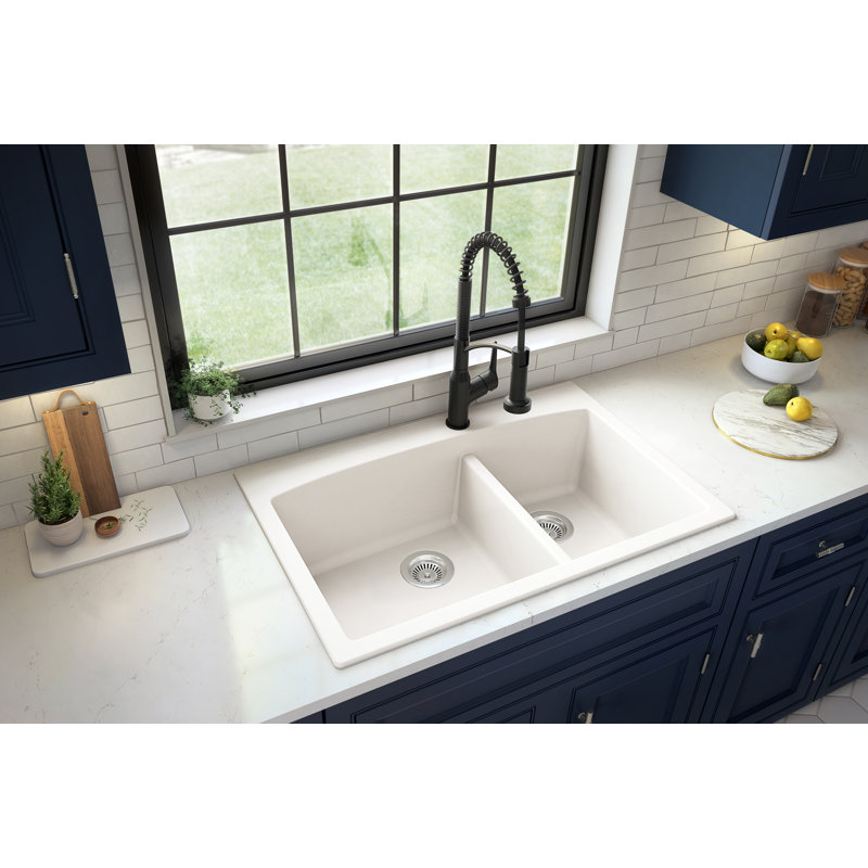 Karran Quartz 33'' X 22'' Double Bowl 60/40 Top Mount Drop-in Kitchen Sink Kit, White