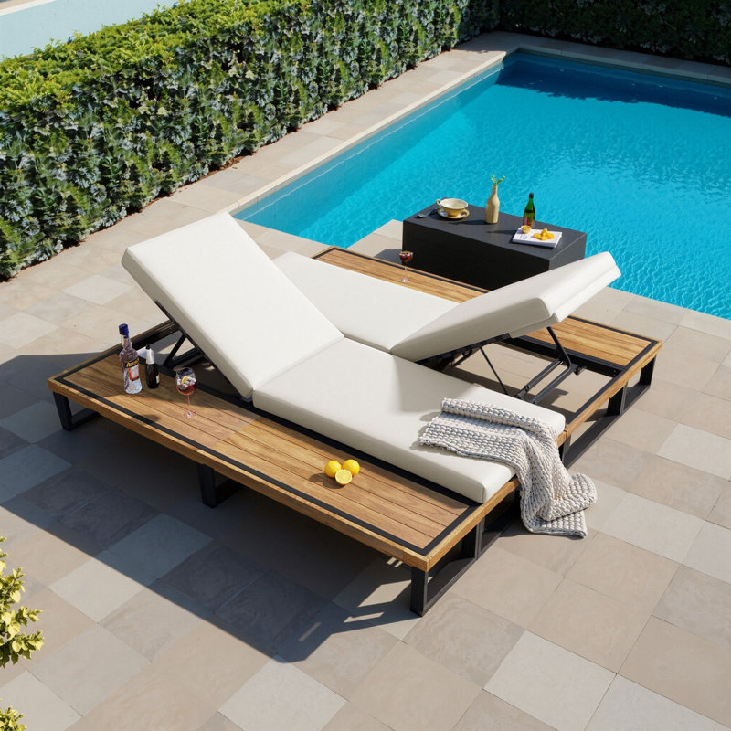 (set Of 2)outdoor Chaise Lounge Chair With 5-position Adjustable Backrest, Reclining With Cushion, Patio Lounger,beige, Beige