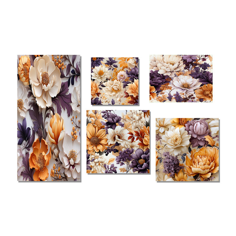Janes - Ensemble de 5 décorations murales florales, Toile tendue