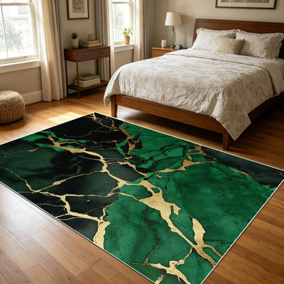 1pièces tapis en marbre veiné or vert émeraude foncé pour le salon, doux et confortable, convient à toutes les saisons, facile à entretenir, tapis de sol intérieur lavable à la machine, sous la table de ferme convenant à la salle à manger, la chambre à coucher, la cuisine, le vestibule,