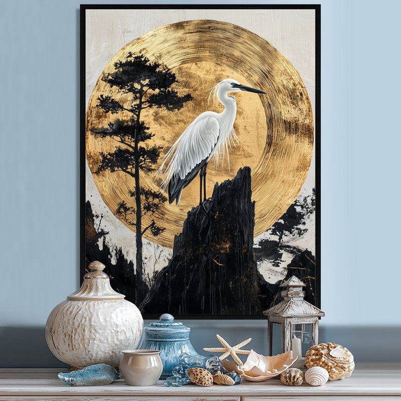 Azer Sunrise Heron In Golden Chinese Ink Landscape III - Heron, art mural sur toile, H 32 po x l 16 po, Noir