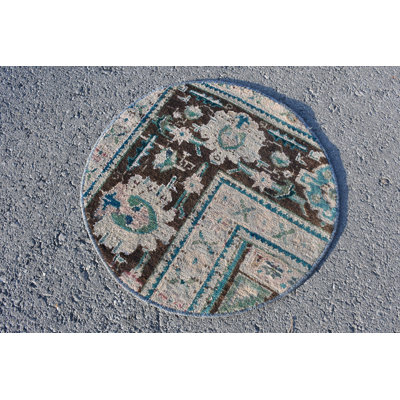 Tapis rond Oushak fait à la main en turc: un petit cadeau oriental rétro organique, brun SN / 7075