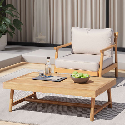 Ensemble de conversation en bois d'acacia, fauteuil club et table basse avec coussin résistant à l'eau, teck et beige